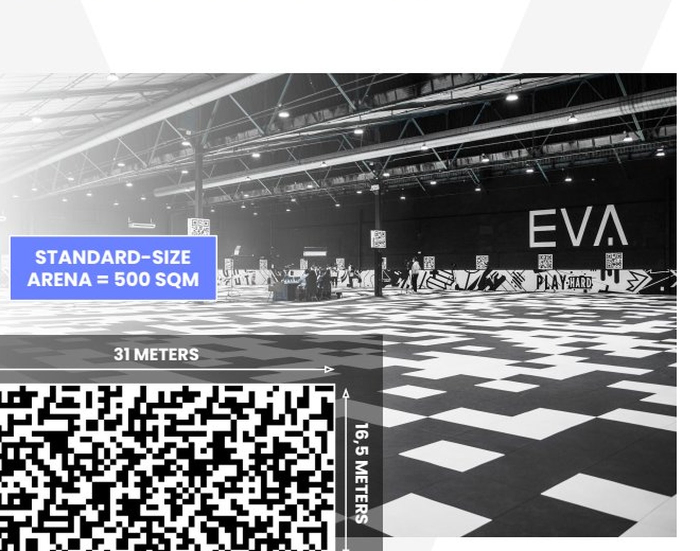 Wide view of EVA 5,400 square foot free-roam VR arena with players in headsets