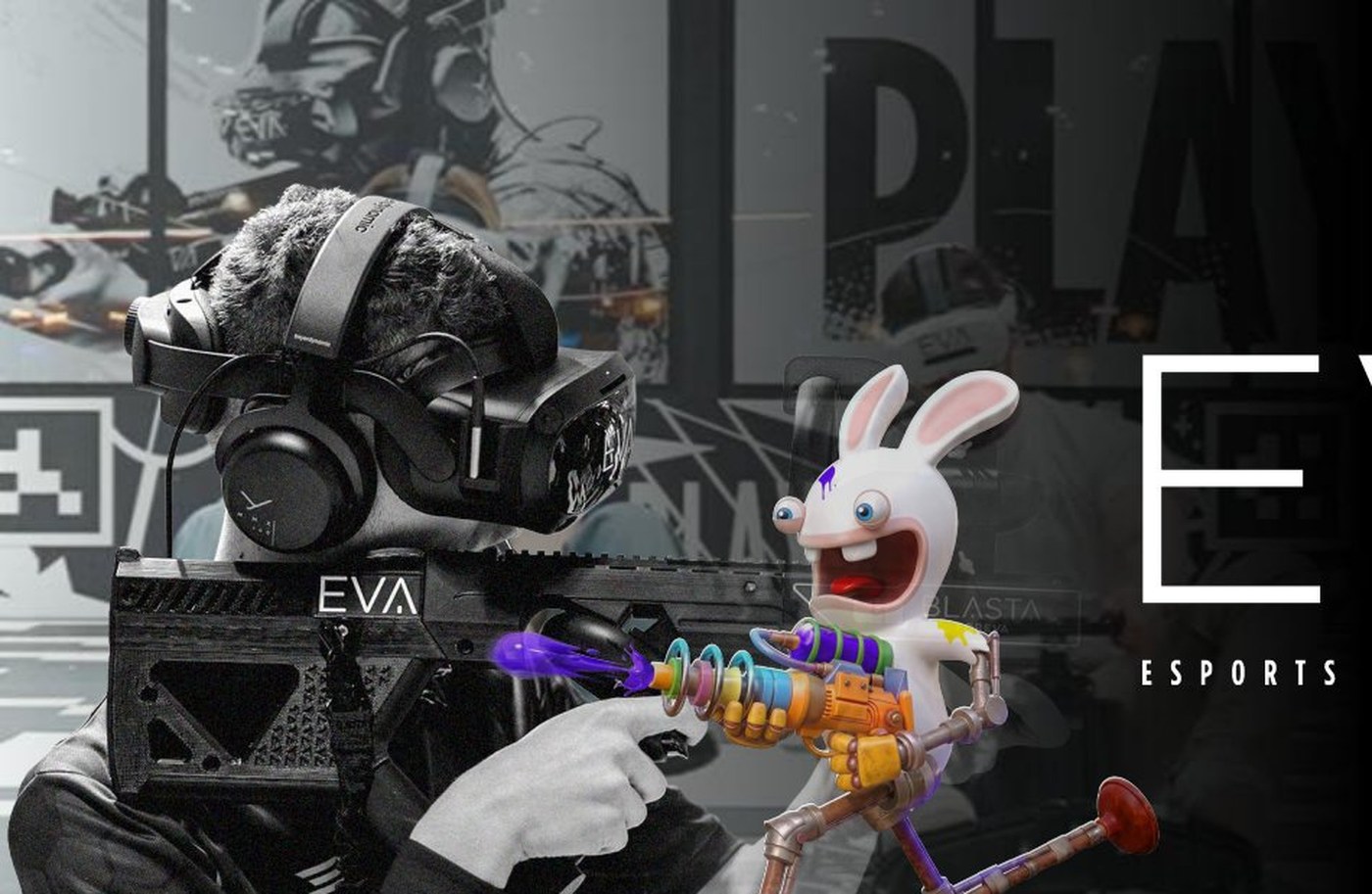 EVA player wearing a VR headset mid-action inside the free-roam arena
