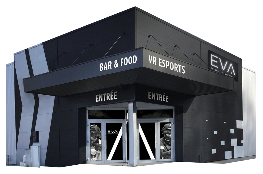 EVA branded venue entrance and illuminated storefront