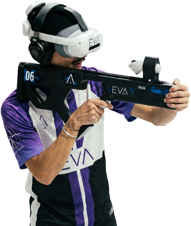 EVA player with VR headset aiming a proprietary EVA gun