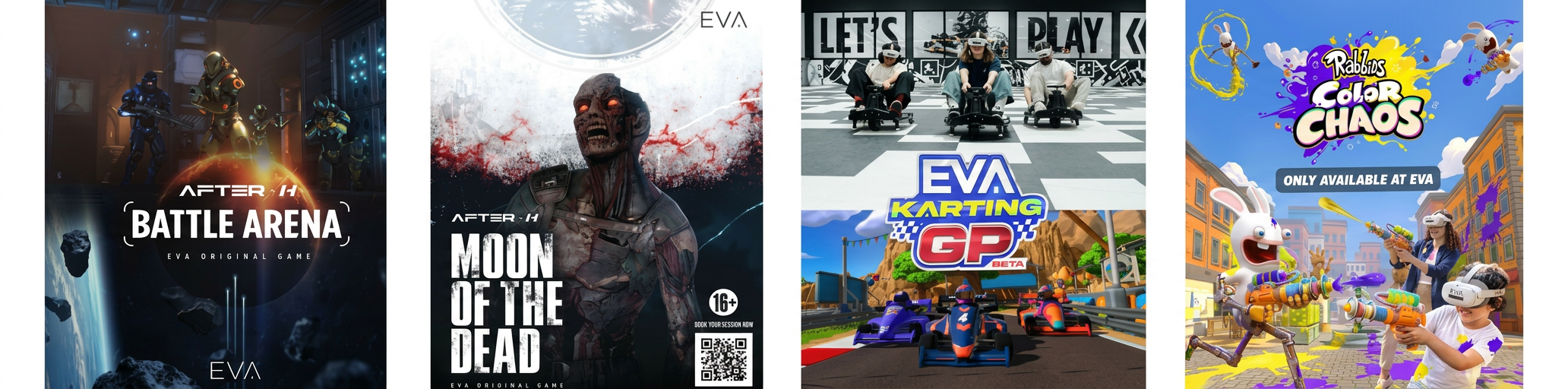 EVA exclusive games: Battle Arena, Moon of the Dead, EVA Karting GP, Rabbids Color Chaos